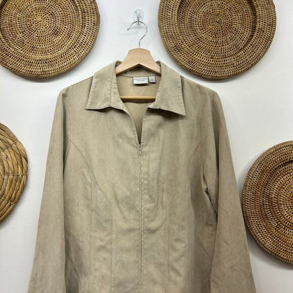 Vintage Y2K 2000s Sonoma Neutral Beige Faux Suede Zip Up Collared Top Large - Picture 3 of 6